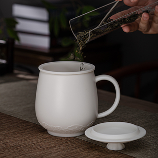 羊脂玉白瓷带盖过滤办o公杯带内胆茶水分离水杯个人陶瓷大号泡茶