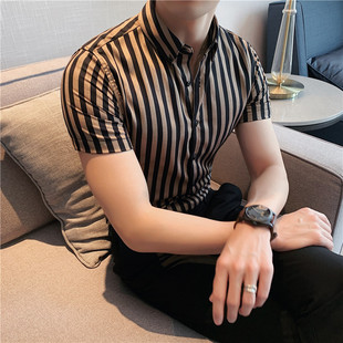 高端条纹短袖衬衫l男修身免烫夏季薄款韩版商务休闲高级感职业衬