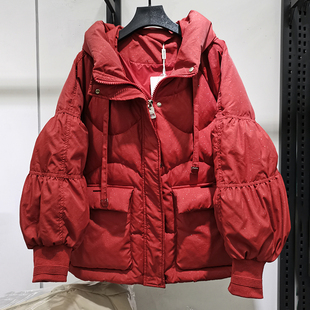 韩国红色亮闪闪羽绒服女韩版短款2023冬装新款宽松加厚白鸭绒外套