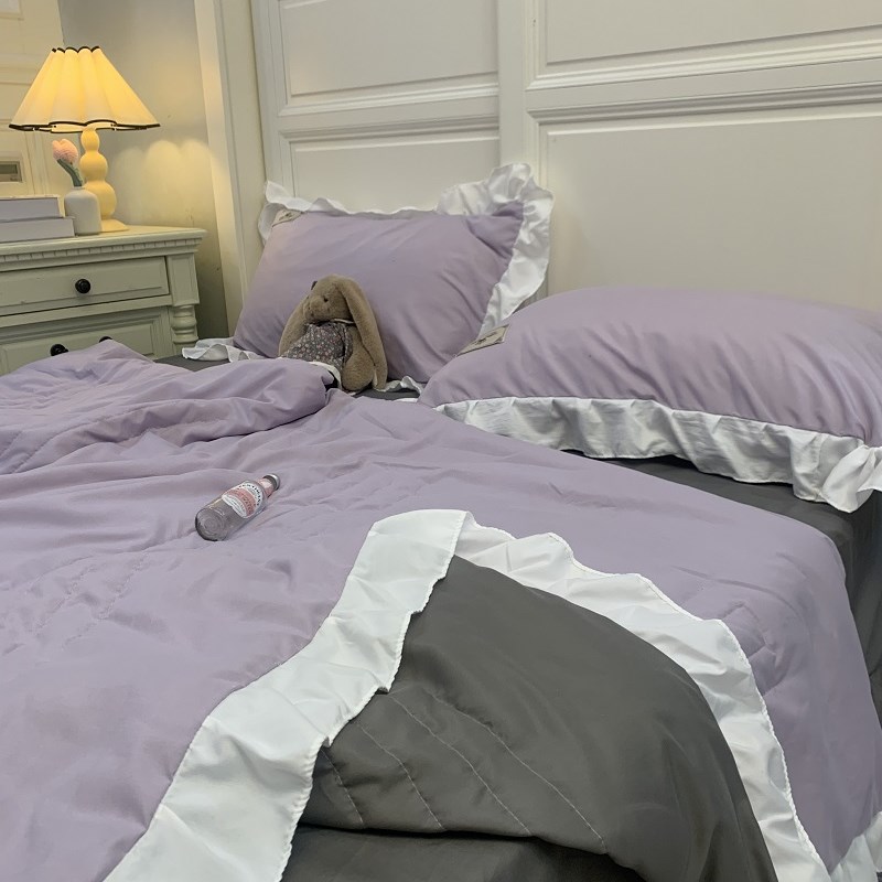 夏季大豆水洗棉夏凉被紫色韩式裙边床单花边夏被可机洗四件套
