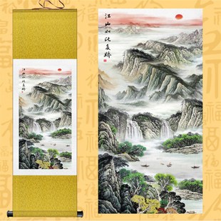 推荐客厅山水画江山多娇卷轴画国画办公室风水招财挂画丝绸画字画