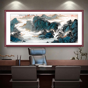 新品水画风春山富水源远流长国画山水靠山客厅装饰画办公室墙面壁