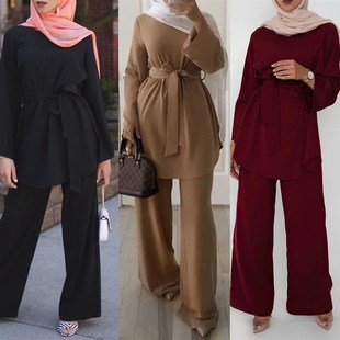 新品Women's fashion simple wide-leg pants Muslim lace-up