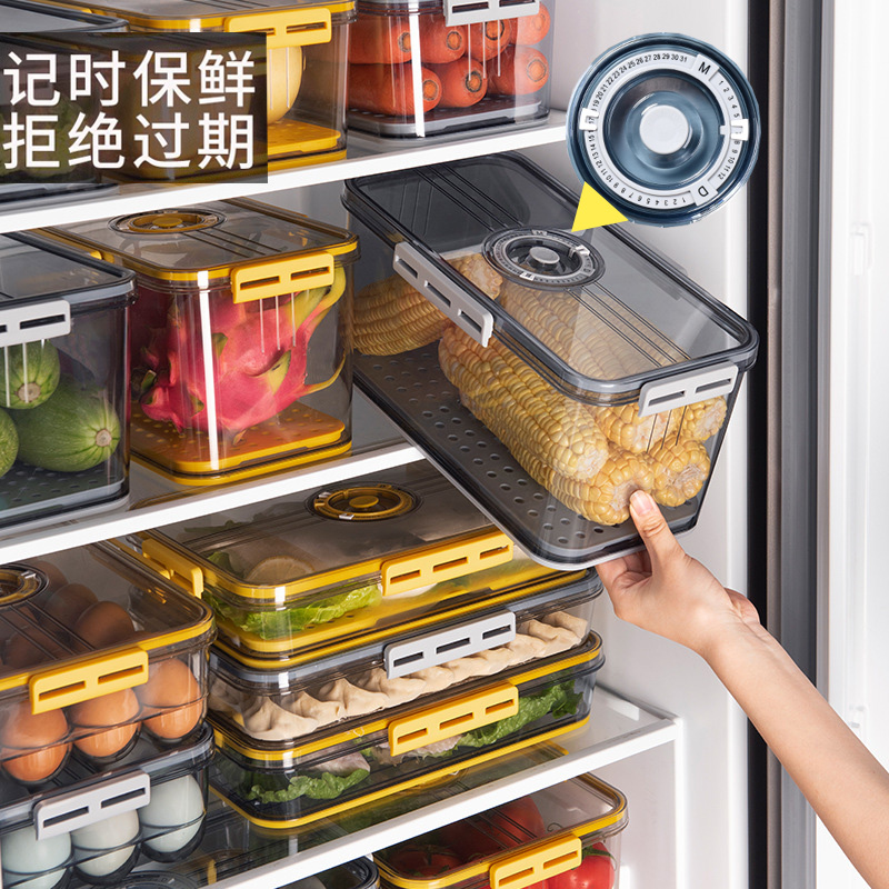 冰箱收纳盒食品级密封沥水计时大容量冷冻果蔬鱼肉饺子专用保鲜盒