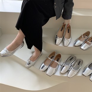 银色单鞋法式f芭蕾舞鞋子女新款2024年爆款凉拖玛丽珍包头半拖凉