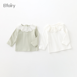 Elfairy女童T恤长r袖宝宝打底衫女婴儿秋装儿童花边领上衣纯棉秋