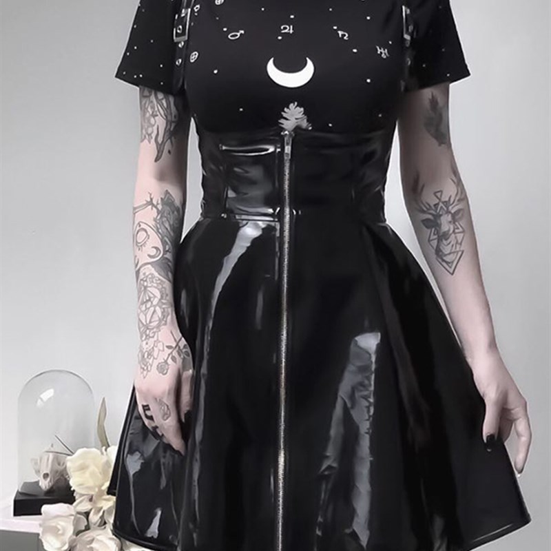 速发InsGoth Black Leather Skirts Women Gothic Setwear High W