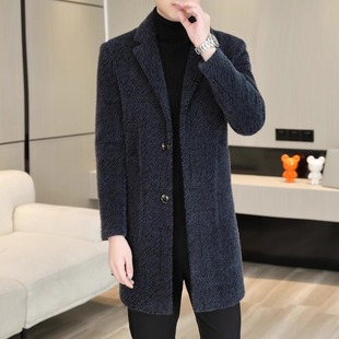 高级感条纹毛呢大衣男士冬季新款中长版H青年修身韩版潮流休闲外