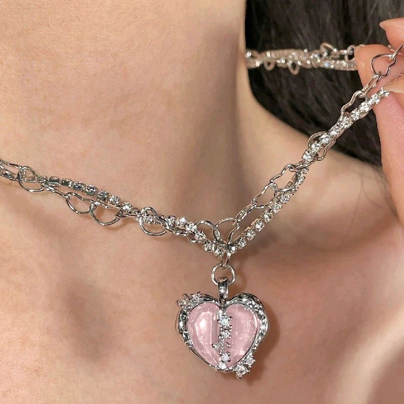 速发Ins Peach heart necklace women 桃心项链分裂爱心微镶锆石