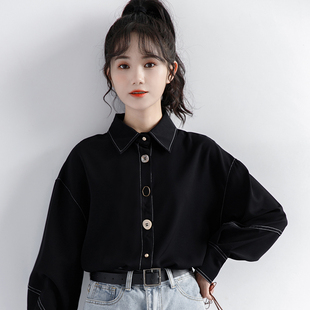 韩国2023春季复古黑色长袖衬衫女设计感小众黑衬衫港风休闲polo衫