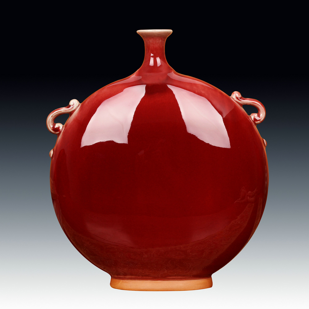 景德镇陶瓷花瓶  中国红钧瓷仿古官窑月光扁花瓶 中式装饰摆件设