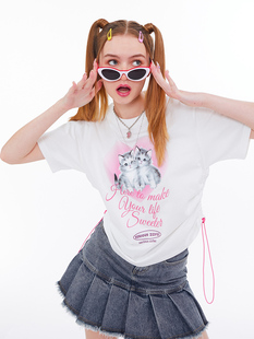 ziziFei夏季美式复古设计感猫咪印花抽绳圆领白色上衣短袖T恤女