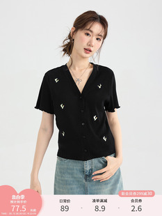 爱蔷薇大码黑色V领t恤女2024新款夏季短袖设计感小众法式刺绣上衣