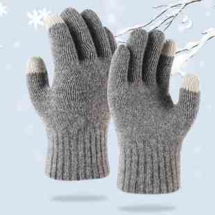 可触屏羊毛手套纯色秋冬季针织学生五指手套保暖毛线办公手套男女