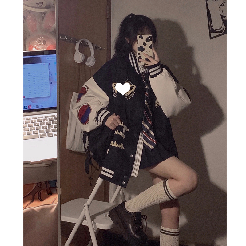 春秋棒球服女外套加厚字母刺绣潮ins流嘻哈宽松百搭藏蓝色棉服