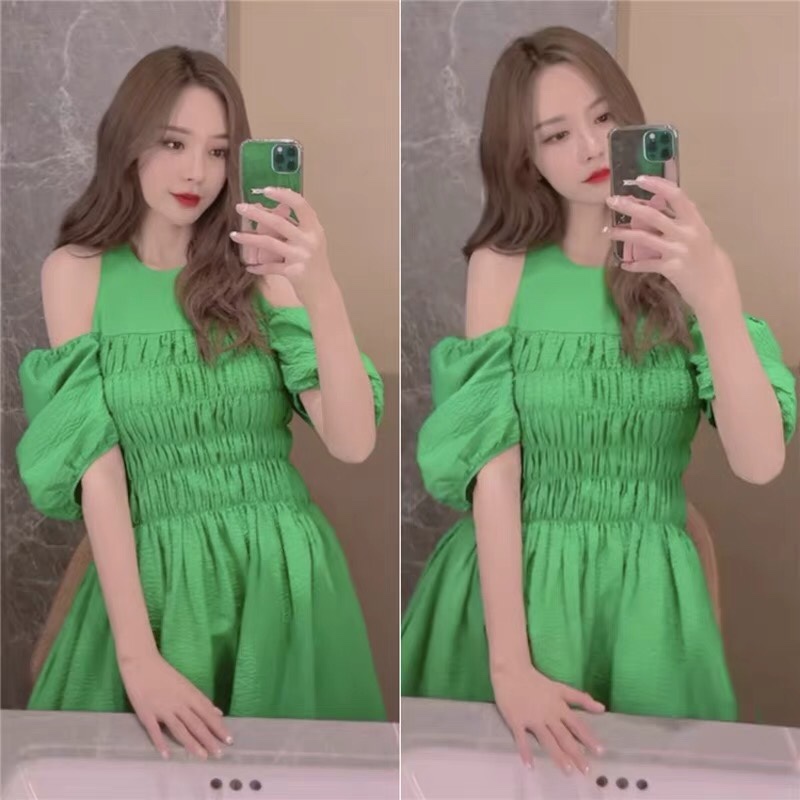 让生活好看沈梦辰抖音同款衣服女绿色露肩连衣裙收腰夏季短袖裙子