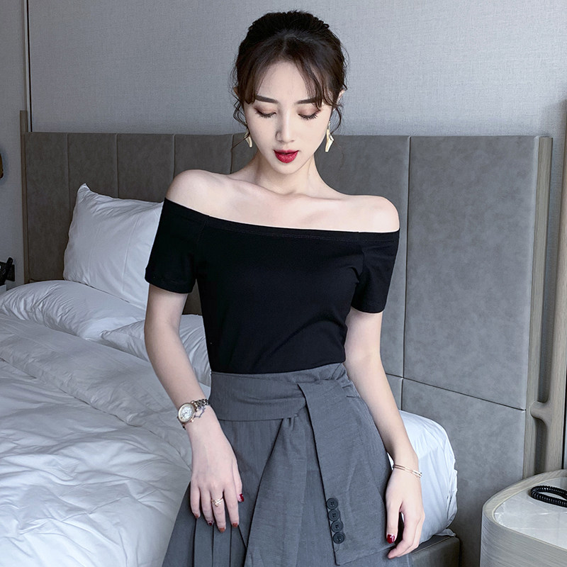 一字领短袖女2022夏季新款性感露肩修身显瘦露锁骨小心机纯棉t恤