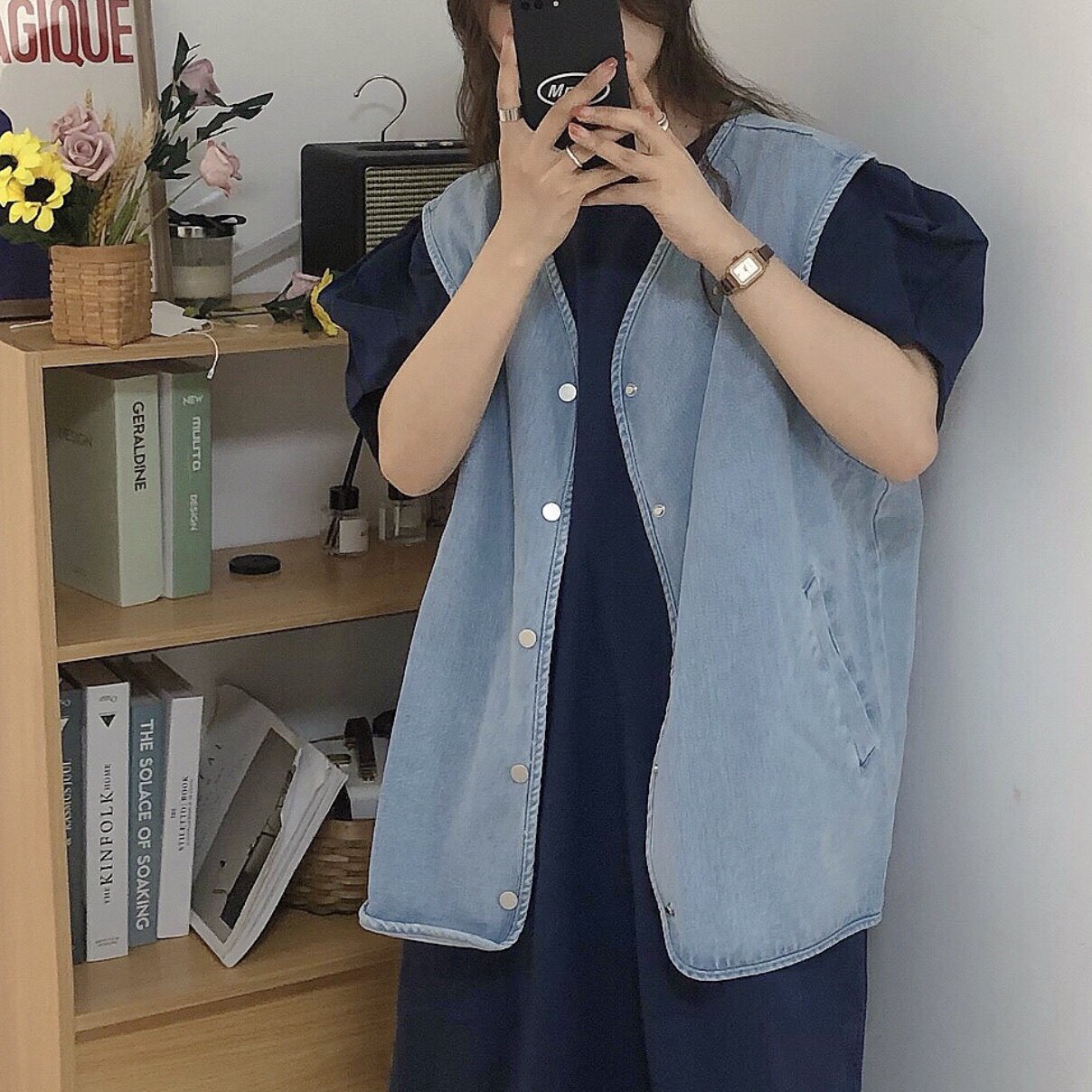 实拍 chic 净色时尚牛仔马甲+简约宽松休闲泡泡袖连衣裙 套装