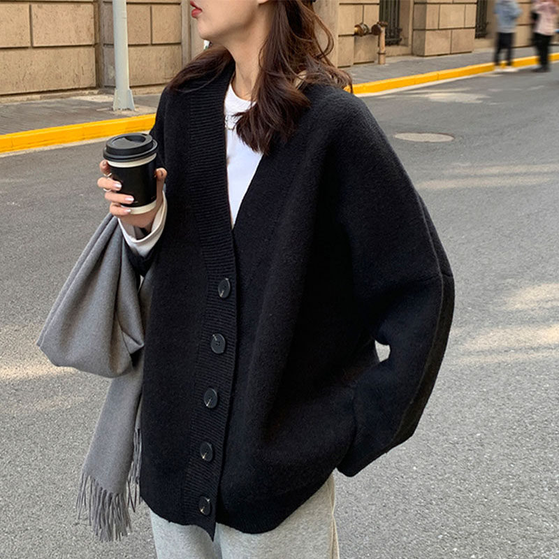 黑色v领毛衣女宽松慵懒开衫外套