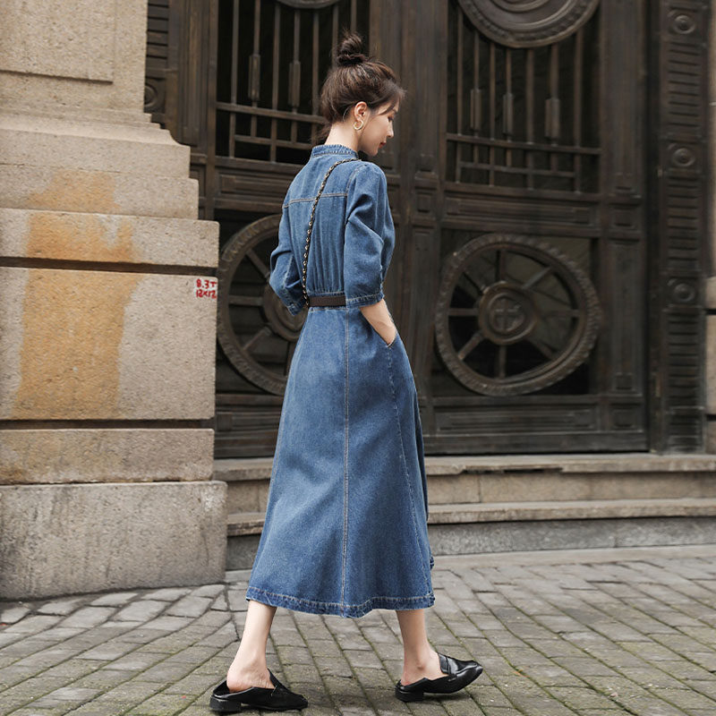 显瘦牛仔连衣裙女夏季小个子2021新款鱼尾连体牛仔裙爆款长款裙子