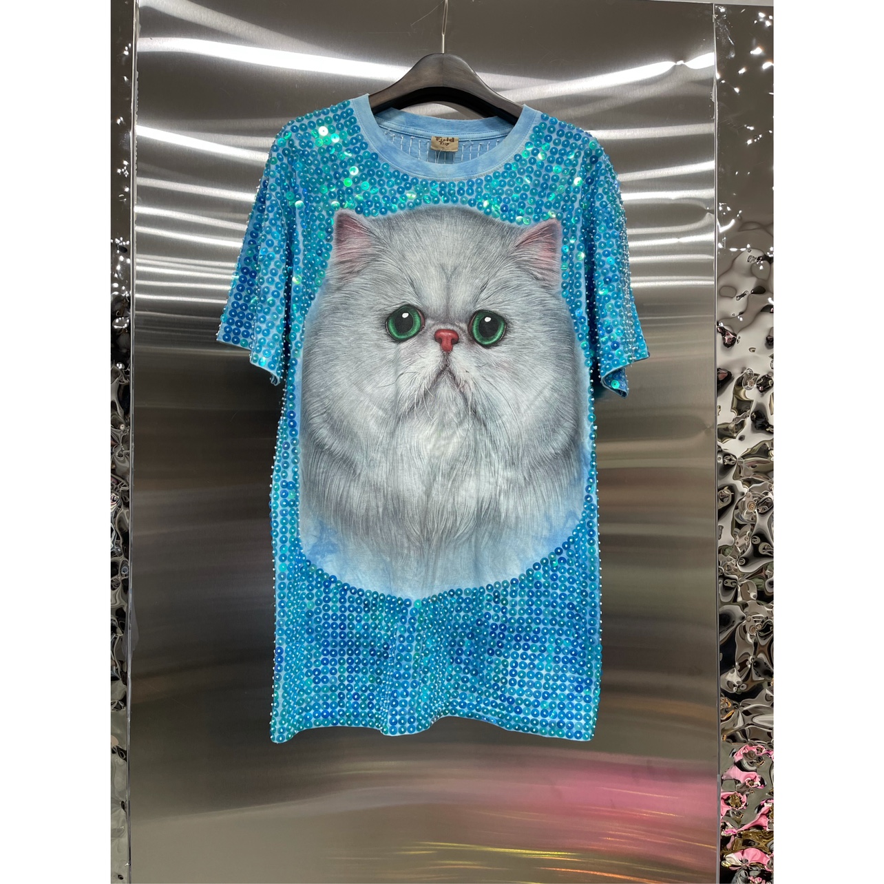 泰国原版潮牌度假风个性猫咪前后重工订珠亮片圆领短袖可爱T恤女