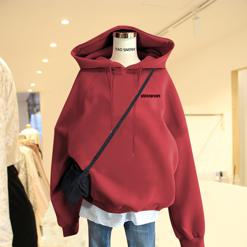 韩国ulzzang枣红色卫衣薄款女2021新款秋冬宽松连帽加绒加厚上衣