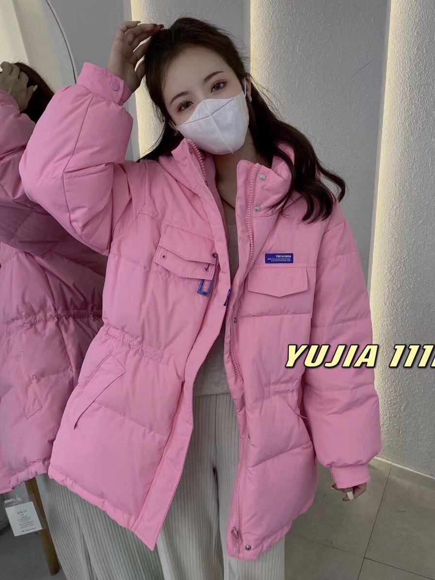 粉色羽绒服女中长款小个子