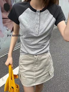 JVVSISTER夏季新款简约个性插肩袖短袖套头修身T恤女显瘦上衣潮牌