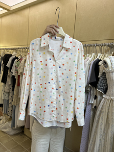 夏季2024年韩版十三行新款气质显白甜美彩色波点休闲长袖棉麻衬衣