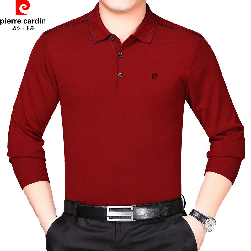 中老年t恤男长袖 纯色_皮尔卡丹羊绒长袖t恤男2019新款秋季翻领纯色中