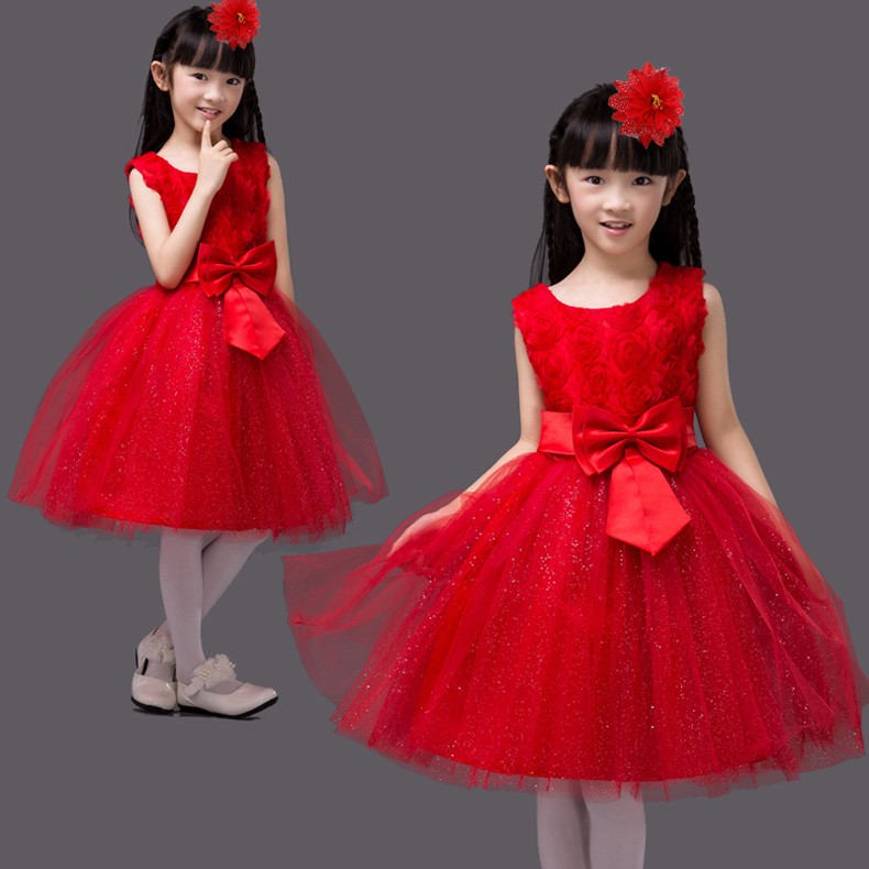 六一儿童演出服女孩跳舞蓬蓬裙幼儿园舞蹈表演服装合唱公主裙红色