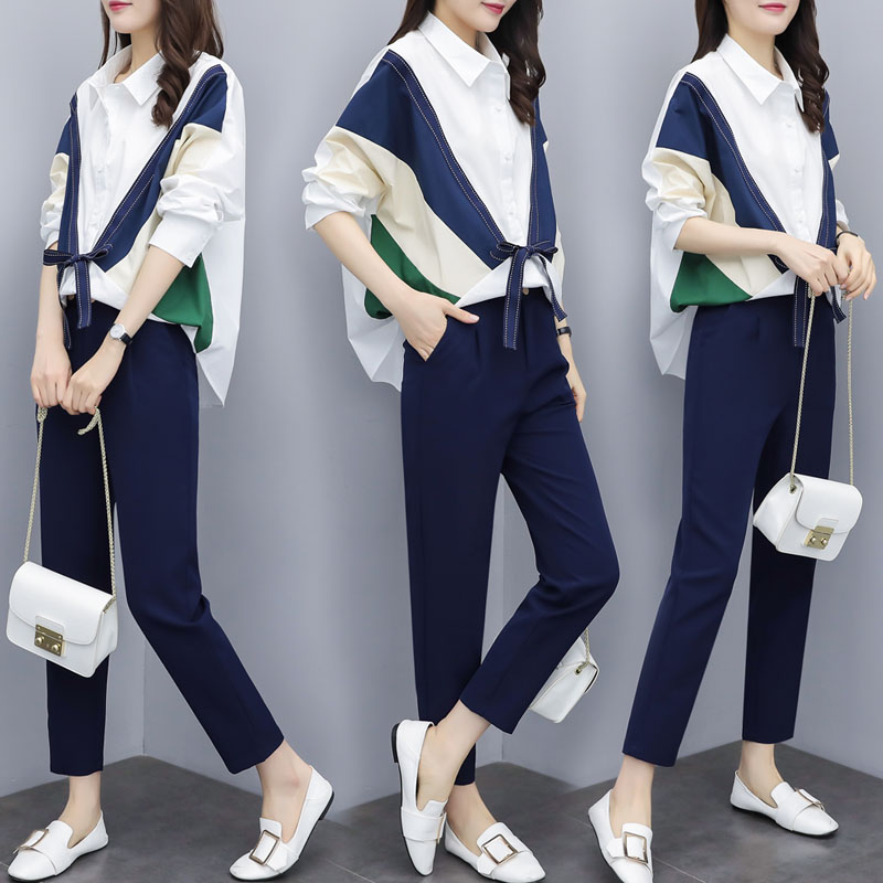 2020新款女装春季两件套裤拼接撞色衬衫上衣九分裤休闲时尚套装女在类目 女装/女士精品, 套装/学生校服/工作制服, 时尚套装中 - 来自Buy2taobao.com提供专业的淘宝代购服务