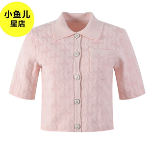 高端版 春夏新款MJ短袖粉色时尚短款饰扣提花衬衫领针织衫上衣