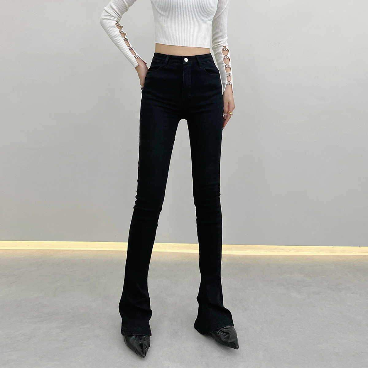 【ther. 设计师品牌】iinc 22秋冬黑色高腰马蹄裤女微喇叭休闲裤