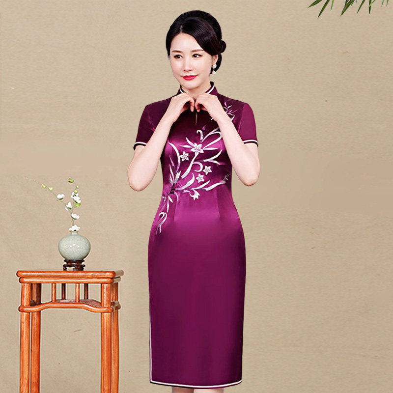 醋酸缎面旗袍中长款高端高贵时尚年轻款气质小个子微胖现代女改良
