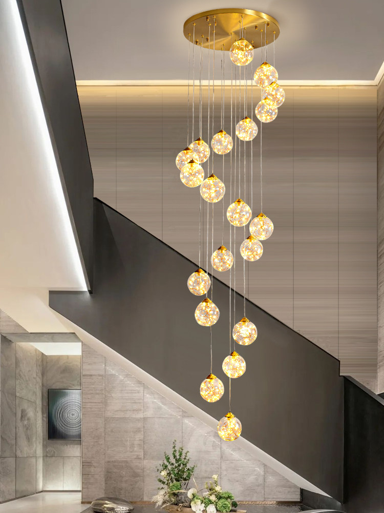 满天星楼梯灯全铜吊灯复式楼现代简约轻奢创意别墅loft公寓客厅灯