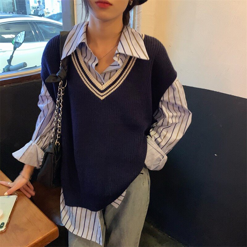 冲绳假日蓝白条纹长袖宽松衬衫女马甲两件套2021春秋新款韩版上衣