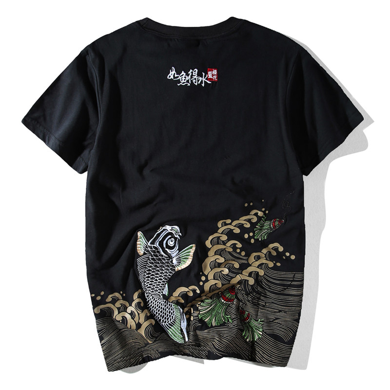 刺绣潮牌浮世绘锦鲤鱼短袖t恤男 青年个性纯棉半袖体恤夏季中国风