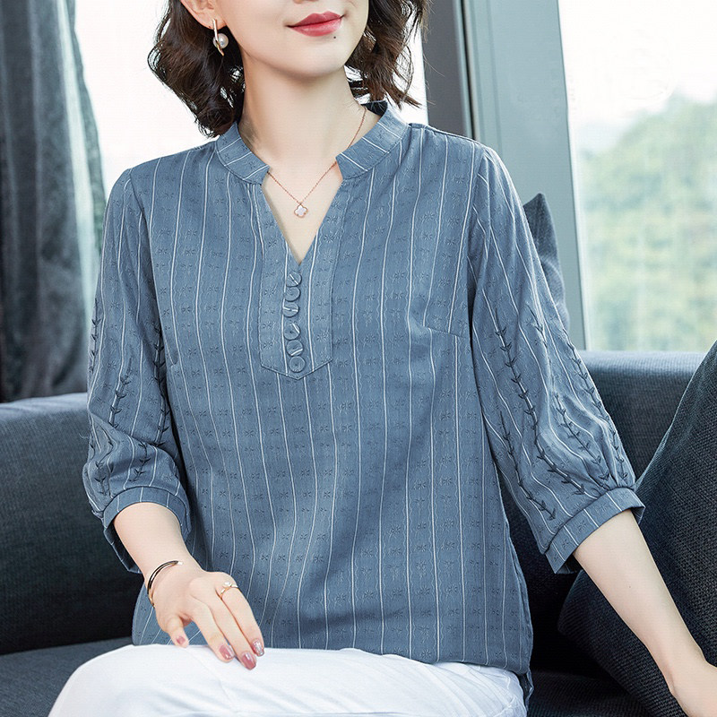 七分袖衬衫女新款2021年夏装大码女装妈妈中袖衬衣棉麻上衣女夏季