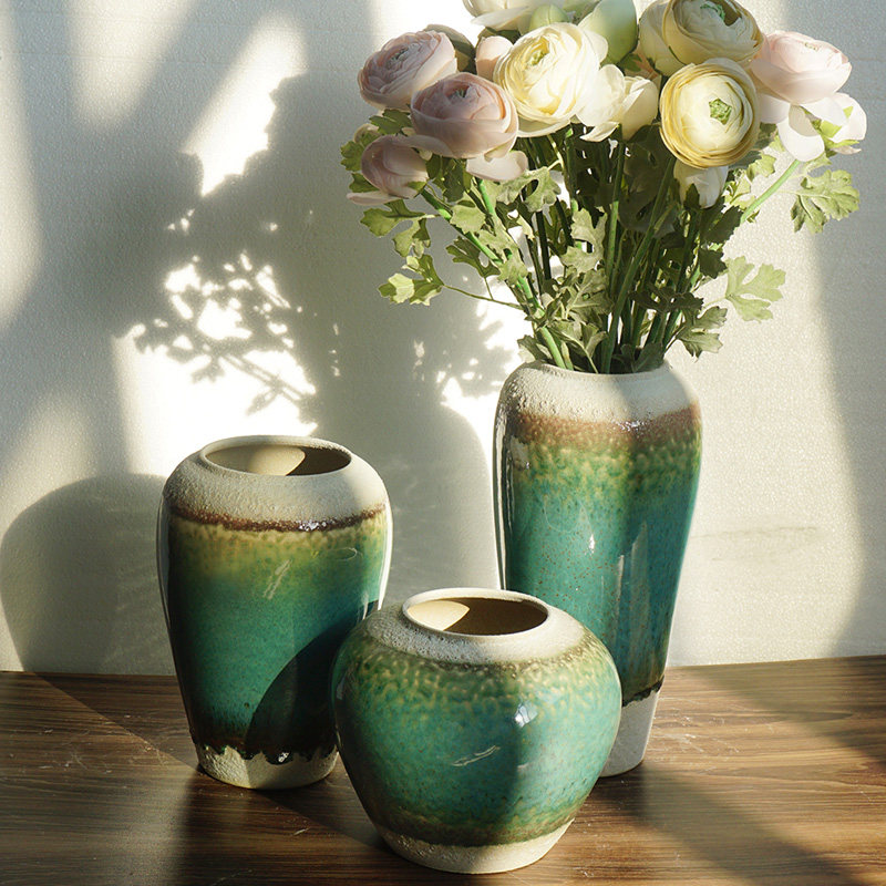 新中式复古粗陶陶罐家居玄关办公室插花陶瓷花瓶三件套摆件装饰品