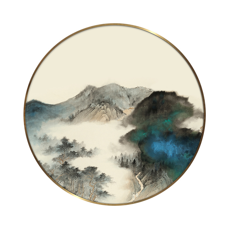新中式圆形山水画国画中式玄关装饰画过道水墨禅意壁画中国风挂画