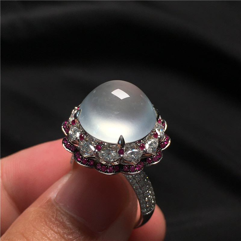 指上翠翡翠白冰玻璃种戒指女18k金镶嵌天然翡翠正品