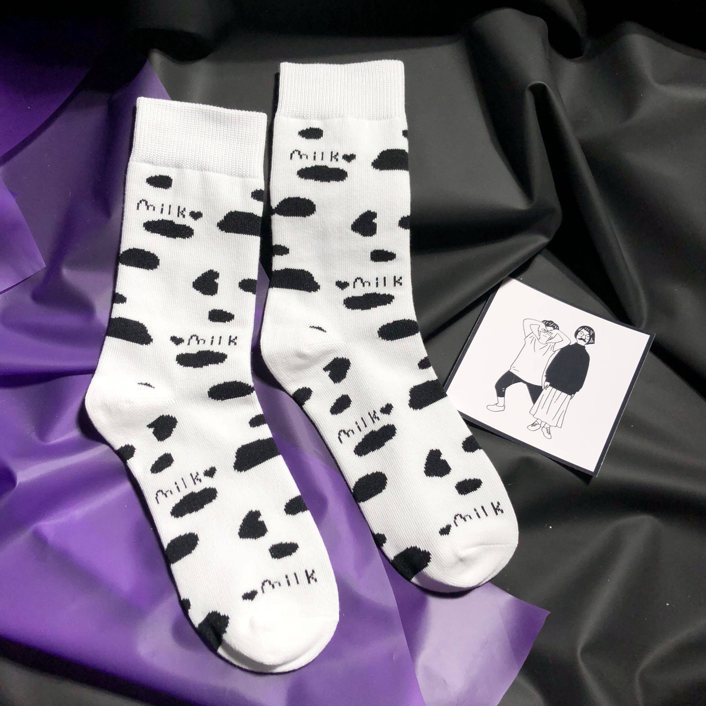 ins袜子黑白奶牛纹理斑点中筒袜情侣袜奶牛棉质可爱棉袜男女潮袜