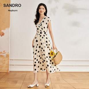 Sandro Hepburn夏季法式黑白波点连衣裙女桑蚕丝系带V领气质短袖