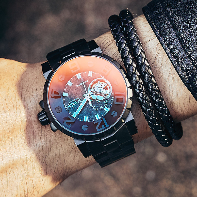 angie手表男机械表潮全自动镂空防水运动学生个性潮精钢带机械表