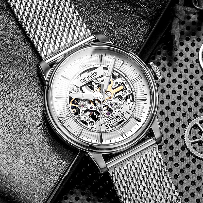 angie手表男全自动镂空防水精钢真皮带2019新款潮流个性机械表男