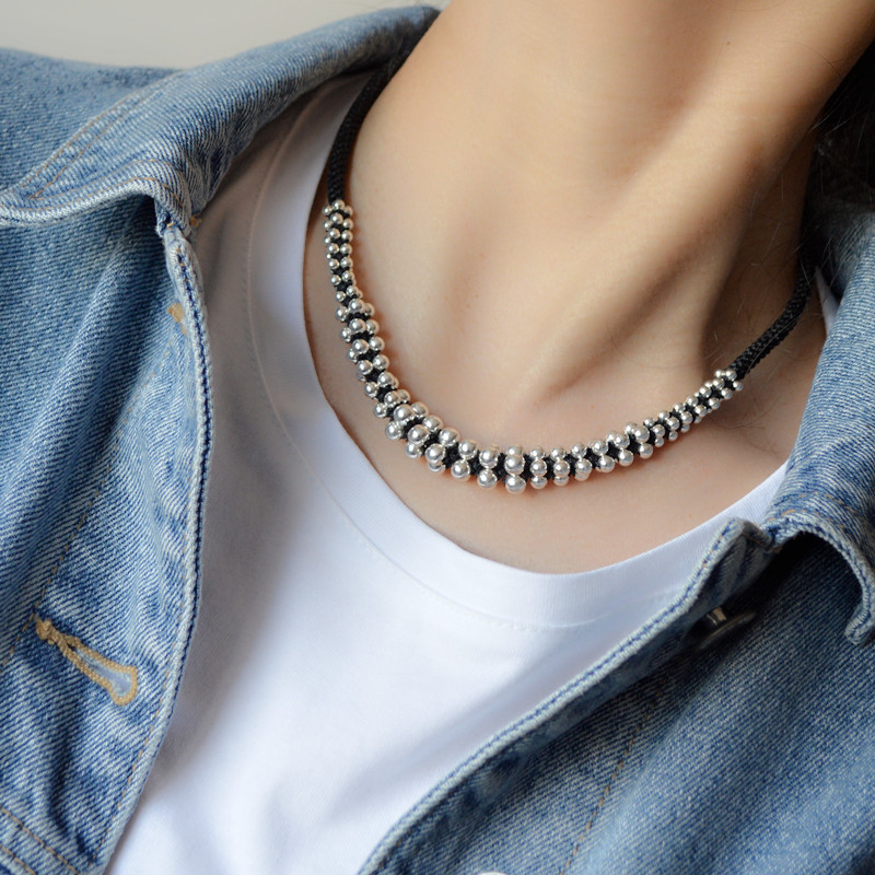 s925纯银满天星黑绳项链女手工编织复古文艺森系锁骨链气质潮网红