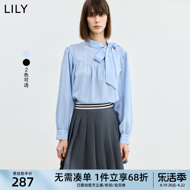 LILY2024夏新款女装优雅气质系带都市通勤款洋气宽松垂坠感雪纺衫