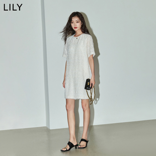 LILY2024夏新款女装浪漫气质流苏短袖中长款连衣裙小白裙小个子女