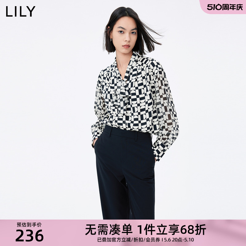 【专柜甄选】LILY女装印花款优雅飘带衬衫上班族穿搭女